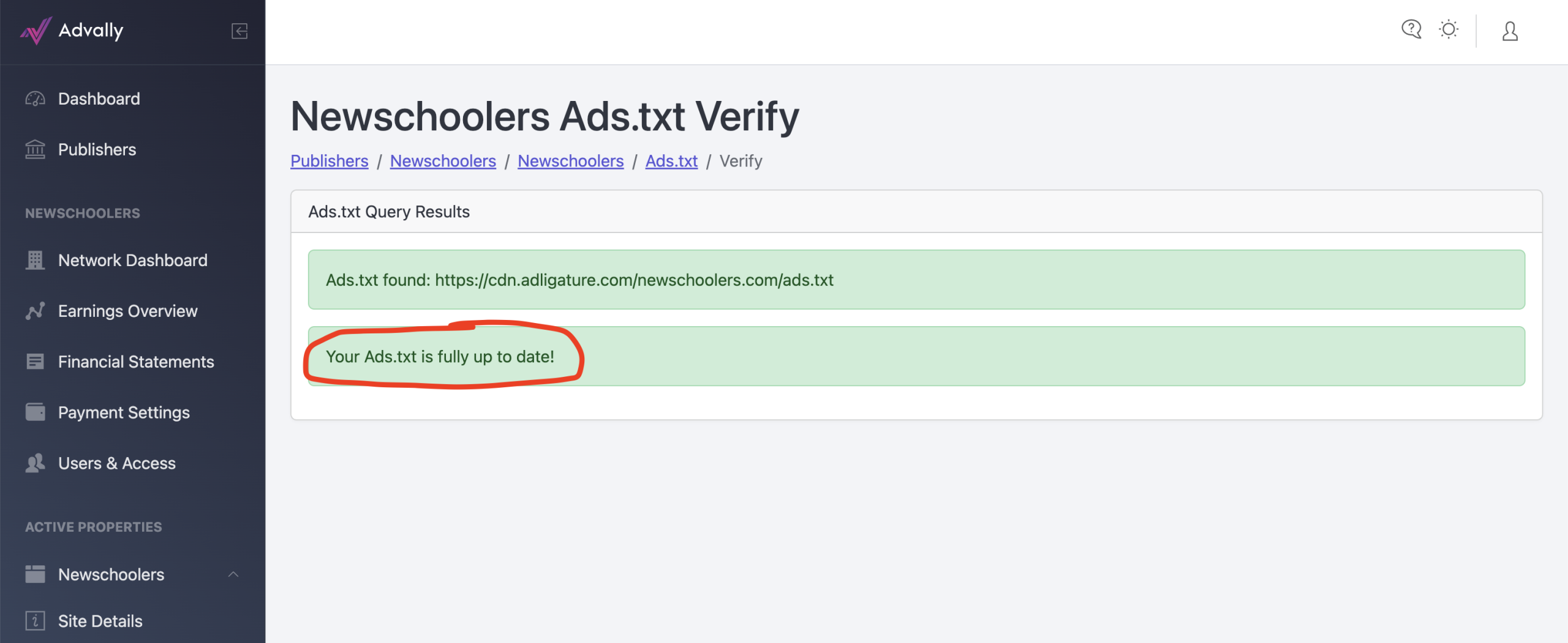 Advally's software, adligature verifying ads.txt is live and current.