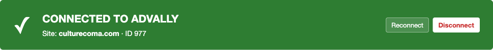 Advally XenForo 2 Plugin: Connecting to Advally 1 CONNECTED TO ADVALLY banner showing site name and ID