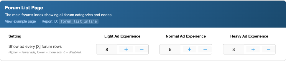 Forum List Page ad unit settings card