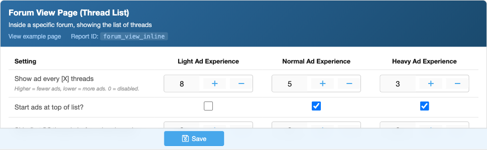 Forum View Page (Thread List) ad unit settings card