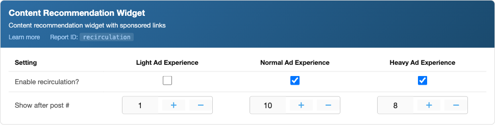 Content Recommendation Widget ad unit settings card