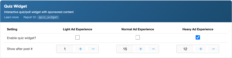Quiz Widget ad unit settings card