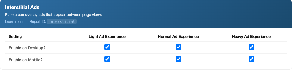 Interstitial Ads ad unit settings card