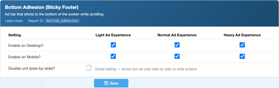Bottom Adhesion (Sticky Footer) ad unit settings card