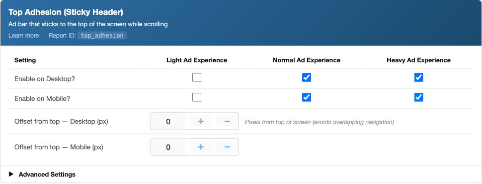 Top Adhesion (Sticky Header) ad unit settings card