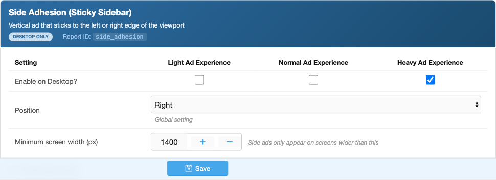 Side Adhesion (Sticky Sidebar) ad unit settings card