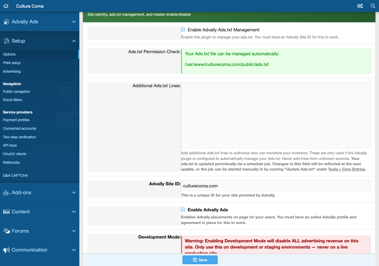 Advally XenForo 2 Plugin: Ads.txt Management 1 Plugin Configuration settings