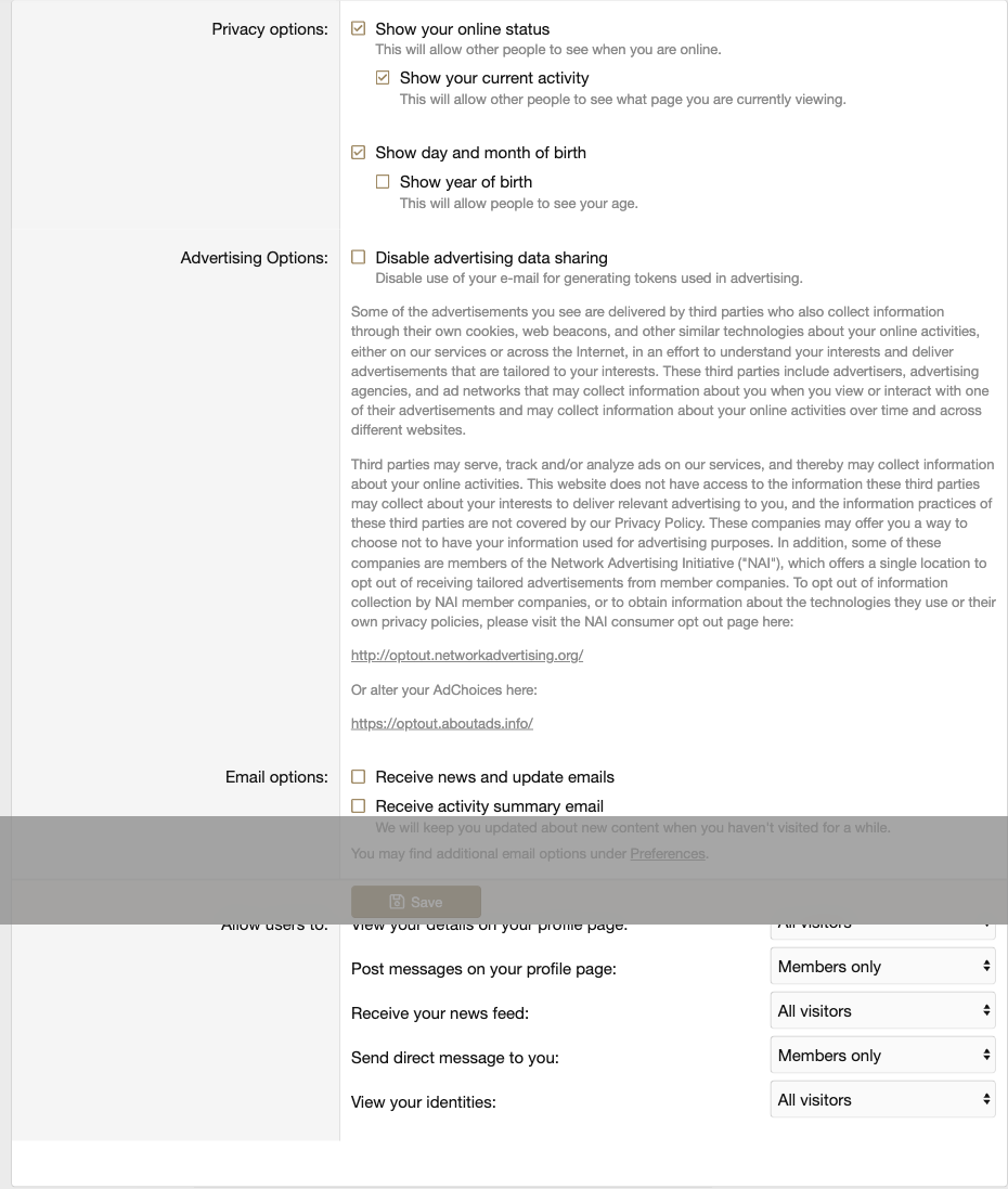 XenForo Account Privacy page showing the Disable advertising data sharing checkbox
