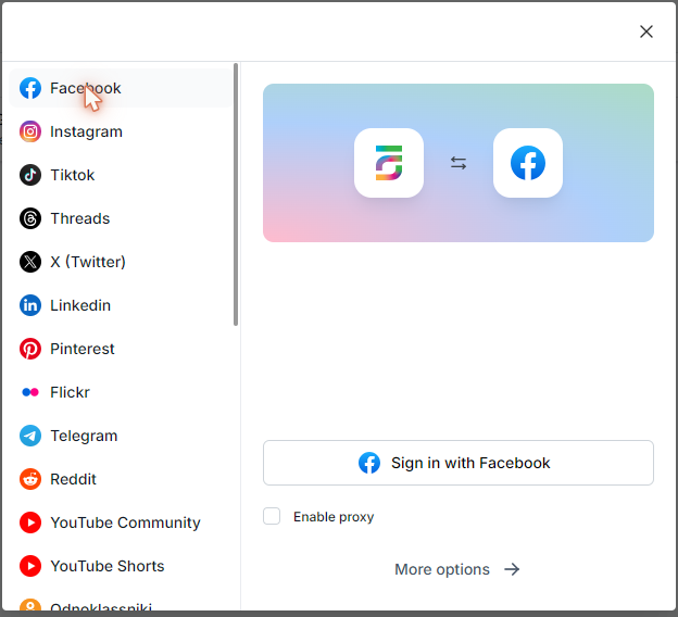 FS Poster Add channel dialog: a list of social networks with Facebook selected and a Sign in with Facebook button